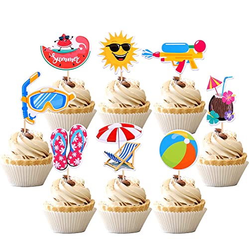 32 Stück Sommer Strand Pool Tortendeko Ball Sonne Regenschirm Tauchen Goggles Wassermelone Hausschuhe Cupcake Toppers Baby Dusche Hawaii Strand Pool Kuchen Deko Geburtstag Party Kuchen Dekorationen von SYKYCTCY