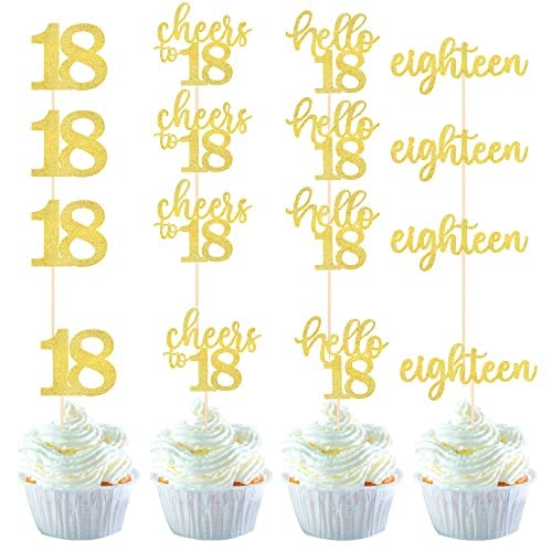 36 Stück 18th Birthday Cupcake Toppers Glitter Hallo 18 Geburtstag Tortendeko Cheers to 18 Eighteen Muffin Dekoration for 18th Birthday Teenager Party Kuchen Dekoendeko Gold von SYKYCTCY