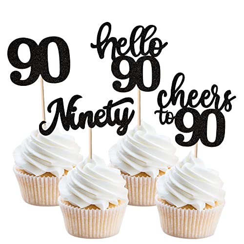 36 Stück 90th Birthday Cupcake Toppers Glitter Hallo 90 Geburtstag Tortendeko Cheers to 90 Ninety Muffin Dekoration for 90th Birthday Teenager Party Kuchen Dekoendeko Black von SYKYCTCY