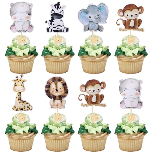 36 Stück Dschungel Tiere Tortendeko Löwe Affe Zebra Nilpferd Kuchen Deko Giraffe Elefant Wald Cupcake Toppers für Safari Tiere Thema Baby Dusche Kinder Geburtstag Party Kuchen Dekorationen von SYKYCTCY