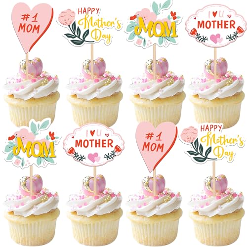 36 Stück Happy Mother's Day Tertendeko #1 Mom Kuchen Deko Herz Blume Happy Mother's Cupcake Toppers für Muttertag Thema Frauen Geburtstag Party Kuchen Dekoration von SYKYCTCY