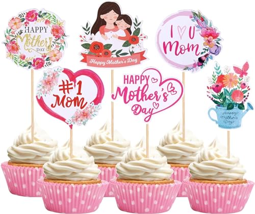 36 Stück Happy Mother's Day Tertendeko Herz Blume Happy Mother's Cupcake Toppers #1 Mom Kuchen Deko für Muttertag Thema Frauen Geburtstag Party Supplies von SYKYCTCY