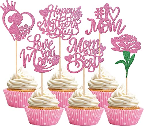 36 Stück Happy Mother's Day Tortendeko, Glitzer Blume Love You Mom Cake Toppers #1 Mom Kuchen Deko Cake Topper für Muttertag Theme Women Birthday Party Supplies Rosa von SYKYCTCY