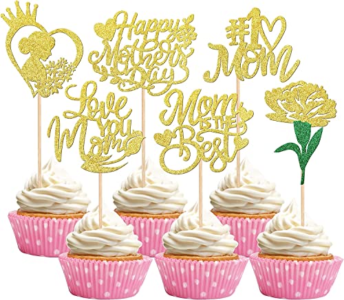 36 Stück Happy Mother's Day Tortendeko, Glitzer Herz #1 Mom Blume Love You Mom Cupcake Picks Kuchen Deko Cake Topper für Muttertag Theme Women Birthday Party Supplies Gold von SYKYCTCY
