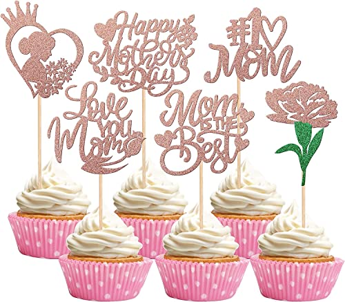 36 Stück Happy Mother's Day Tortendeko, Glitzer Herz I Love You Mom Cupcake Picks Kuchen Deko Best Mom Blume Cake Topper für Muttertag Theme Women Birthday Party Supplies Rosegold von SYKYCTCY