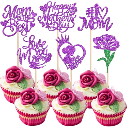 36 Stück Happy Mother's Day TortendekoGlitzer Herz I Love You Mom Cupcake Toppers Best Mom Blume Muttertag Kuchen Deko für Happy Mother's Day Theme Frauen Geburtstag Party Kuchen Dekoration Lila von SYKYCTCY