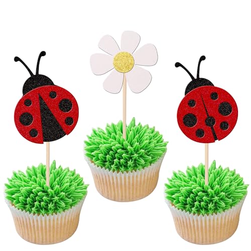 36 Stück Marienkäfer Tortendeko Glitzer Blumen Insekten Cupcake Toppers Ladybug Kuchen Deko für Garten Thema Baby Dusche Kinder Geburtstag Party Kuchen Dekorationen von SYKYCTCY