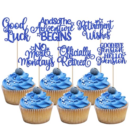 36 Stück Ruhestand Kuchen Deko Officially Retired Cupcake Toppers No More Mondays Retirement Wishes Tortendeko für Fröhlichen Ruhestands Thema Abschied Geburtstag Party Kuchen Dekorationen Blau von SYKYCTCY