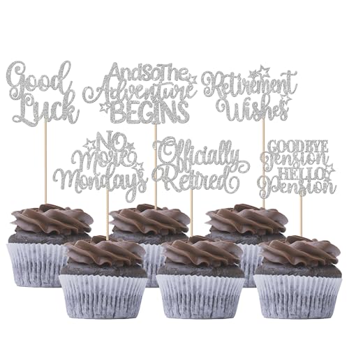36 Stück Ruhestand Kuchen Deko Officially Retired Cupcake Toppers No More Mondays Retirement Wishes Tortendeko für Fröhlichen Ruhestands Thema Abschied Geburtstag Party Kuchen Dekorationen Silber von SYKYCTCY