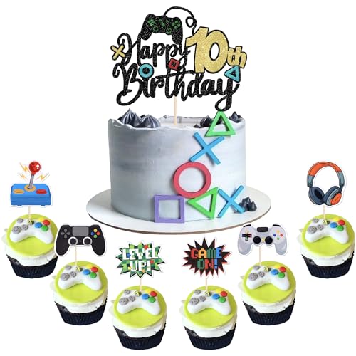 37 Stück 10th Videospiel Tortendeko Glitzer Game On Controllers 10th Geburtstag Kuchen Deko Spielkonsolen Cupcake Toppers für Videospiel Theme Jungen Mädchen Geburtstag Party Kuchen Dekorationen von SYKYCTCY
