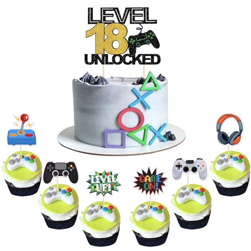 37 Stück 18 Videospiel Tortendeko Glitzer Gaming Level Unlocked 18th Geburtstag Kuchen Deko Spielkonsolen Cake Topper für Jungen Mädchen Spielkonsole Theme Geburtstag Party Kuchenaufsatz von SYKYCTCY
