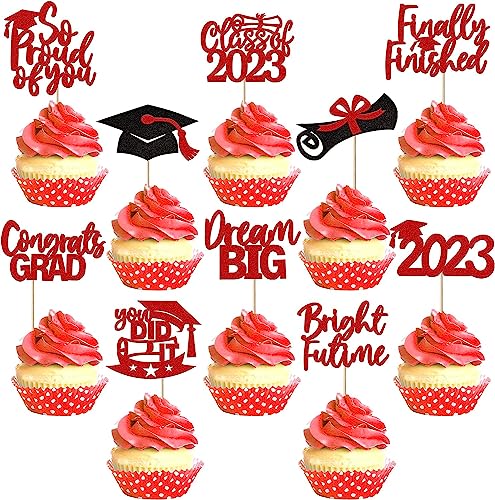 40 Stück Class of 2023 Abschluss Tortendeko Glitzer So Proud of You Diploma Grad Cap Cupcake Toppers 2023 Graduation Kuchen Deko Congrate Grad Torten Dekorationen für 2023 Abschluss Party Schwarz Rot von SYKYCTCY