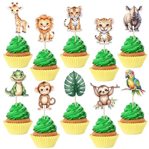 40 Stück Dschungel Tiere Kuchen Deko Löwe Affe Giraffen Cupcake Toppers Tiger Tropical Blatt Tortendeko für Safari Tiere Thema Baby Dusche Kinder Geburtstag Party Kuchen Dekorationen von SYKYCTCY