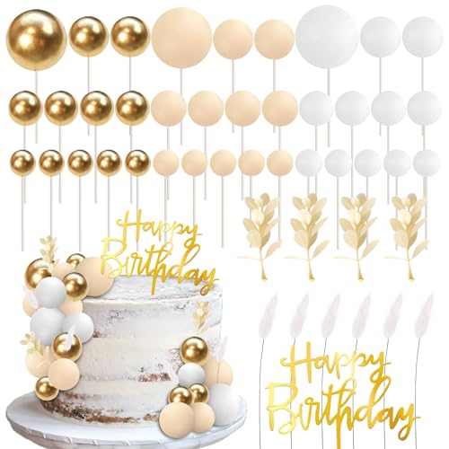 52 Stück Boho Natürliche Kugeln Tortendeko Happy Birthday Cake Toppers Gras Kuchen Deko Kugel Cupcake Toppers für Baby Dusche Kinder Geburtstag Hochzeit Party Kuchen Dekorationen Gold Khaki Weiß von SYKYCTCY