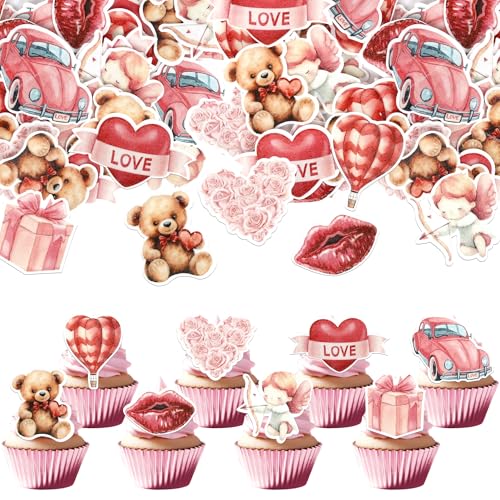 56 Stück Essbare Happy Valentine's Day Tortendeko Süße Liebe Sei mein Valentinstag Kuchen Deko Rose Blume Bär Cupcake Toppers für Valentinstag Thema Geburtstag Party Kuchen Dekorationen von SYKYCTCY