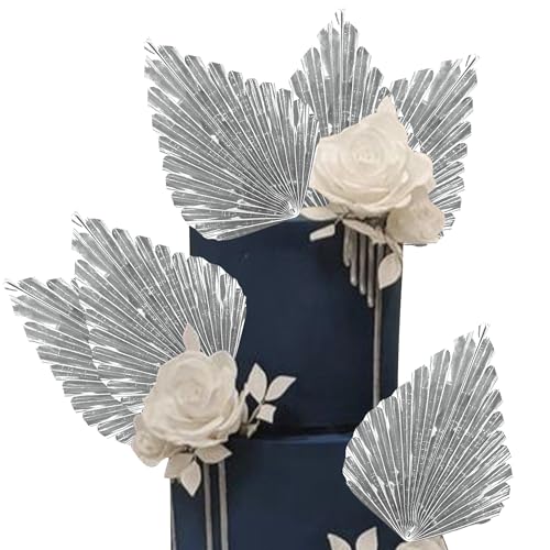 6 Stück Papier Palmen Fächer Tortendeko Palme Speer Blätter Fan Kuchen Deko Handwerk DIY Backformen Cake Topper für Geburtstag Party Hochzeit Party Kuchen Dekoration Knall Silber von SYKYCTCY
