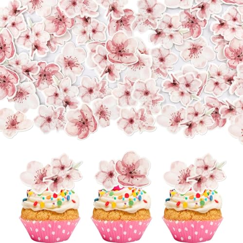 60 Stück Essbar Kirsche Blumen Tortendeko Kirsche Blüte Cupcake Toppers Reis Papier Waffel Papier Kuchen Deko für Baby Dusche Braut Dusche Geburtstag Party Kuchen Dekorationen Rosa von SYKYCTCY