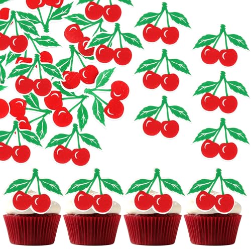 60 Stück Essbar Kirsche Tortendeko Kirschen Cupcake Dekorationen Reis Papier Waffel Papier Kirsche Kuchen Deko für Baby Dusche Braut Dusche Geburtstag Party Kuchen Dekorationen Rot von SYKYCTCY