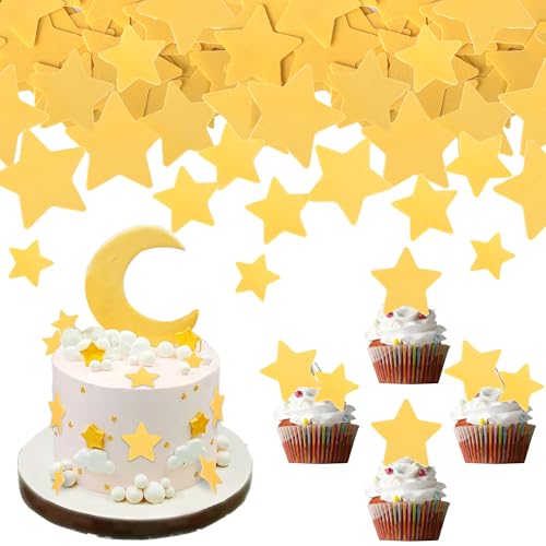 60 Stück Essbar Kleiner Stern Kuchen Deko Stern Form Tortendeko Glitzern Kleiner Stern Cupcake Toppers für Baby Dusche Verlobung Hochzeit Geburtstag Party Kuchen Dekorationen Gelb von SYKYCTCY
