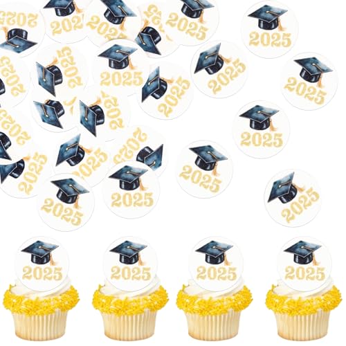 60 Stück Essbare 2025 Abschluss Kappe Kuchen Deko Waffel Papier Graduierung Kappe Cupcake Toppers Abschluss Tortendeko für 2025 Graduierung Thema Party Cupcake Dekorationen Schwarz Gold von SYKYCTCY
