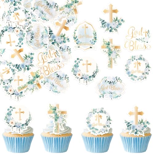60 Stück Essbare God Bless Cupcake Toppers Blumen Kreuz Tortendeko Heilige Erst Kommunion Kuchen Deko für Religiöse Taufe Thema Baby Dusche Kinder Geburtstag Party Cupcake Dekorationen Blau von SYKYCTCY