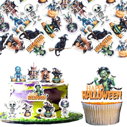 60 Stück Essbare Halloween Cupcake Toppers Waffelpapier Hexe Kürbis Schwarze Katze Tortendeko Essbare Burg Grabstein Totenkopf Kuchen Deko für Horror Thema Halloween Party Kuchen Dekorationen von SYKYCTCY