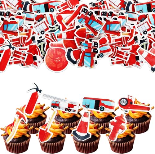 80 Stück Essbare Feuerwehrauto Tortendeko Waffelpapier Feuerwehr Auto Cupcake Dekorationen Löschfahrzeug Kuchen Deko Feuerwehrauto Cupcake Toppers für Baby Dusche Kinder Geburtstag Party von SYKYCTCY