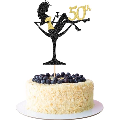 SYKYCTCY 1 Stück 50th Sitzendes Mädchen Tortendeko, 50th Geburtstag Cake Topper Glitter High Heel Mädchen Kuchen Deko für Mädchen Lady Spa Bachelorette Thema Geburtstag Party Kuchen Dekorationen Gold von SYKYCTCY