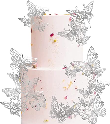 40 Stück Tortendeko, 3D Schmetterling Cupcake Topper mit Eisenstangen Schmetterling Tortendeko Geburtstag Butterfly Cake Toppers für Hochzeit Jahrestag Geburtstag Party Kuchen Dekoendeko Silber von SYKYCTCY