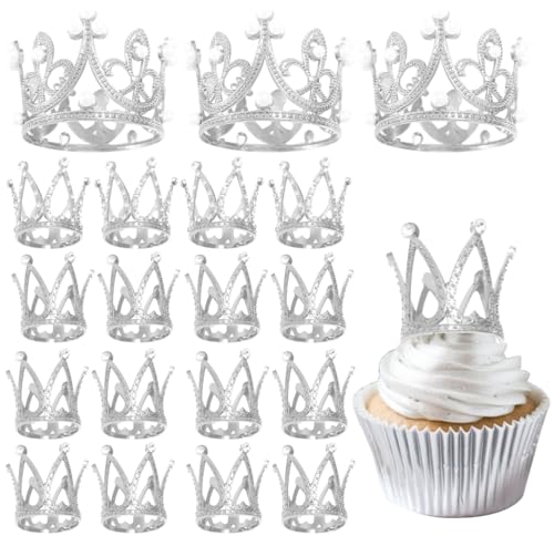 SYKYCTCY 6 Stück Mini Krone Tortendeko Kristall Perlen Krone Cupcake Toppers Kleine Krone Tiara Kuchen Deko Für Brautdusche Hochzeit Royal Themed Kinder Geburtstag Party Kuchen Dekorationen Silber von SYKYCTCY