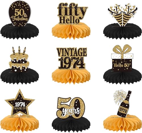 SYKYCTCY 9 Stück 50th Geburtstag Tischdeko Vintage 1974 Schwarz Gold Tischdeko Fifty Hello 50 Wabe Dekorationen für Männer Frauen 50. Geburtstag Thema Party Dekorationen von SYKYCTCY