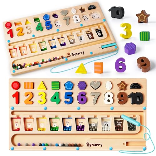 SYNARRY 3-in-1-Montessori-Spielzeug für Kinder ab 3 Jahren, pädagogisches magnetisches Farb- und Zahlenlabyrinth, Form- und Zahlen-Holzpuzzle, Lernspielzeug für Kleinkinder von 2–4 Jahren von SYNARRY