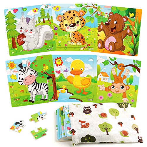 SYNARRY 6er-Pack Holzpuzzles für Kinder im Alter von 2–5 Jahren, 9 Teile Kleinkinder-Tierpuzzles, pädagogisches Vorschul-Lernspielzeug für Kinder Jungen und Mädchen von SYNARRY