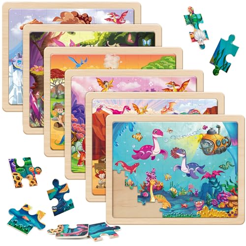SYNARRY Dinosaurier Puzzle ab 3 4 5 6 7 Jahre, 6×60 Teile Kinderpuzzle Dino Holz, Spielzeug ab 3 4 5 6 7 8 Jahre Junge, Vorschule Lehrreiches Spielzeug, Geschenke für Kinder für Jungen Mädchen von SYNARRY