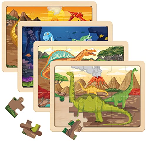SYNARRY Dinosaurier Puzzle ab 3 4 5 6 Jahre, 4x24 Teilen Kinder Dino Holzpuzzle, Vorschule Lehrreiches Spielzeug, Geschenke für Kinder für Jungen und Mädchen von SYNARRY