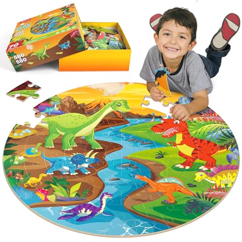 SYNARRY Dinosaurier-Puzzles für Kinder im Alter von 4–8 Jahren, 70-teilig, großes rundes Boden-Puzzle, Vorschule, pädagogisches Dino-Puzzle, Spielzeug für Kleinkinder, Jungen, Mädchen, mit Geschenkbox von SYNARRY