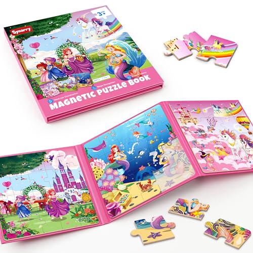 SYNARRY Kinderpuzzle Einhorn Meerjungfrau Prinzessin Magnet Puzzle ab 3 4 5 Jahre, 20 Teile Magnetische Puzzle Für Reisen Kinder, Reisespiele Kinder Lernspielzeug für Kinde von SYNARRY