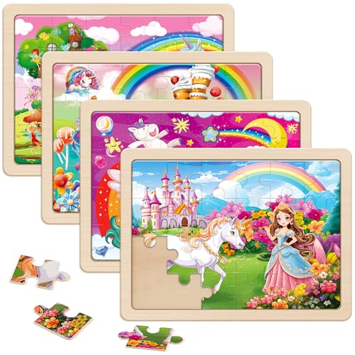 SYNARRY Einhorn-Prinzessin-Fee-Holzpuzzles für Kinder im Alter von 3–5 Jahren, 4 Packungen mit 24 Teilen von SYNARRY