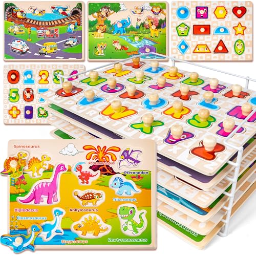 SYNARRY Kinder Holzpuzzle ab 1 2 3 Jahre, 6 Set Steckpuzzle für Babys Kleinkinder, Alphabet Nummer Tier Dinosaurier Fahrzeuge Montessori Lernspielzeug Geschenke SYNARRY Kinder Holzpuzzle ab 1 2 3 Jahre, 6 Set Steckpuzzle für Babys Kleinkinder, Alphabet Nummer Tier Dinosaurier Fahrzeuge Montessori Lernspielzeug Geschenke von SYNARRY
