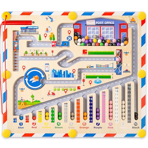 SYNARRY Magnetisches Farb- und Zahlenlabyrinth, Montessori-Spielzeug für Kinder ab 3 Jahren, Holzpuzzle-Aktivitätsbrett von SYNARRY