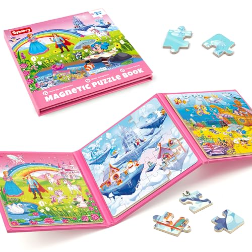SYNARRY Snow White Castle Magisches magnetisches Kinderpuzzle 3–5 Mädchen, 36 Teile Reisepuzzles für Kinder im Alter von 4–6 Jahren, Auto-Flugzeug, Roadtrip-Aktivitäten, Spielzeug für 3 4 5 6 Jahre von SYNARRY