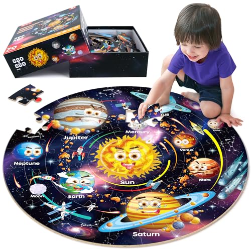SYNARRY Sonnensystem, großes 70-teiliges rundes Puzzle, Spielzeug für Kinder von 3–10 Jahren, beliebte Geschenke mit Planeten und Weltraum, Kinder- und Jungen-Sonnensystem-Spielzeug von SYNARRY