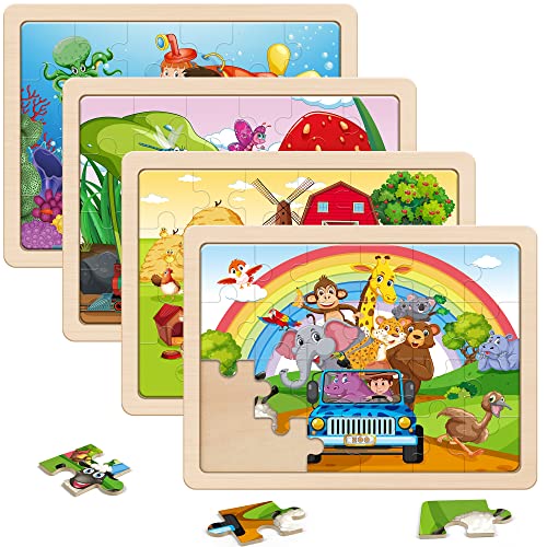 SYNARRY Tiere Puzzle ab 3 4 5 6 Jahre, 4x24 Teilen Kinder Tier Holzpuzzle, Vorschule Lehrreiches Spielzeug, Geschenke für Kinder für Jungen und Mädchen von SYNARRY
