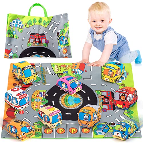 SYNARRY Weiches Autospielzeug für 1-jährige Jungen, Kinderspielzeugautos für 1-jährige Jungen, Kleinkinder mit 1 Matte/Aufbewahrungstasche, Geschenke zum 1. Geburtstag für Kleinkinder (9 Sets) von SYNARRY