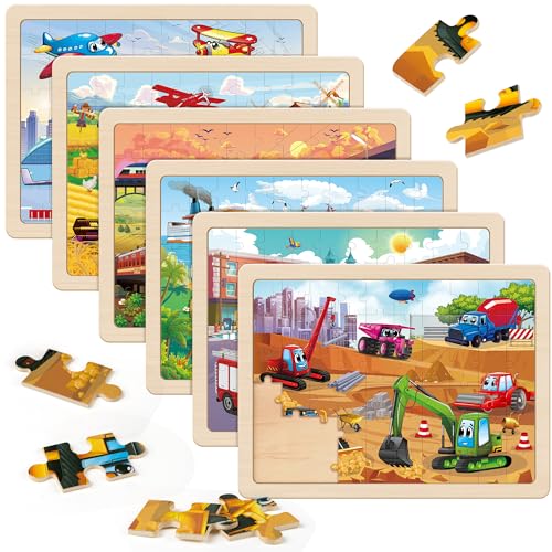 SYNARRY Wooden Vehicle Puzzles for Kids Ages 4-6, 6 Packs 60 PCs Jigsaw Puzzles Preschool Educational Toys von SYNARRY