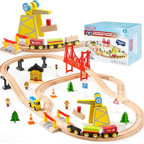 SYNCFUN 60-teiliges Montessori Holzeisenbahn Set Spielzeug ab 3 4 5 6 7 8 Jahren Kinder – BAU-Express, Ingenieureisenbahn mit Magnetkran, Zügen und Zubehör, Geschenk für Jungen und Mädchen SYNCFUN 60-teiliges Montessori Holzeisenbahn Set Spielzeug ab 3 4 5 6 7 8 Jahren Kinder – BAU-Express, Ingenieureisenbahn mit Magnetkran, Zügen und Zubehör, Geschenk für Jungen und Mädchen von SYNCFUN