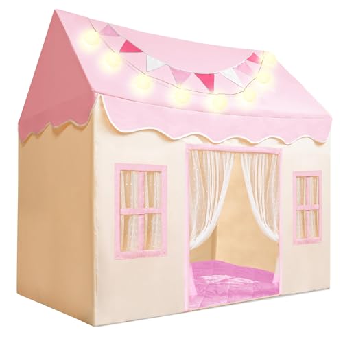SYNCFUN Kinderzelt Indoor mit Matte und Lichtern Spielzelt Kinder Spielhaus für Drinnen 51*35*52 Inch Prinzessin Zelt Spielzelt für Kleinkinder 3-13 Jahre Kinderzimmer für Mädchen Play Tent (Rosa) von SYNCFUN