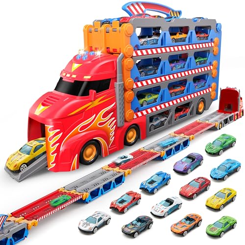 SYNCFUN Spielzeug-LKW Rennbahn Kleinkindspielzeug – 2,4 m faltbarer 3-lagiger Transportwagen mit 12 Druckguss-Metall-Rennwagen und Lichtern und Geräuschen, Geschenk für 2 3 4 5 Jahre alte Jungen und SYNCFUN Spielzeug-LKW Rennbahn Kleinkindspielzeug – 2,4 m faltbarer 3-lagiger Transportwagen mit 12 Druckguss-Metall-Rennwagen und Lichtern und Geräuschen, Geschenk für 2 3 4 5 Jahre alte Jungen und von SYNCFUN