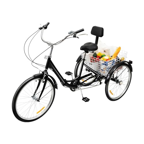 24 Zoll Dreirad für Erwachsene, 7 Gang Dreiräder Klappbar, Modern 3 Räder Fahrrad mit Einkaufskorb Rückenlehne Sitze, Höhenverstellbar City Einkauffahrrad Bike für Männer, Frauen und Senioren, Schwarz von SYNCMH