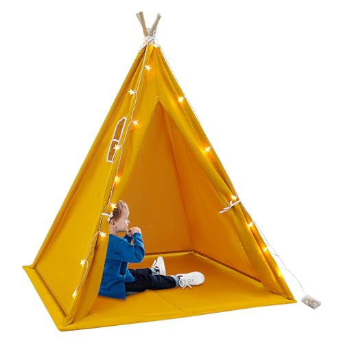 Tipi Zelt für Kinder, 1.6m Kinderzelt Indoor, Spielzelte mit Matte und 3m Lichterkette, Zusammenklappbares Design, Schnell Aufzustellen, für Picknick, Camping und Outdoor-Aktivität, Gelb Tipi Zelt für Kinder, 1.6m Kinderzelt Indoor, Spielzelte mit Matte und 3m Lichterkette, Zusammenklappbares Design, Schnell Aufzustellen, für Picknick, Camping und Outdoor-Aktivität, Gelb von SYNCMH